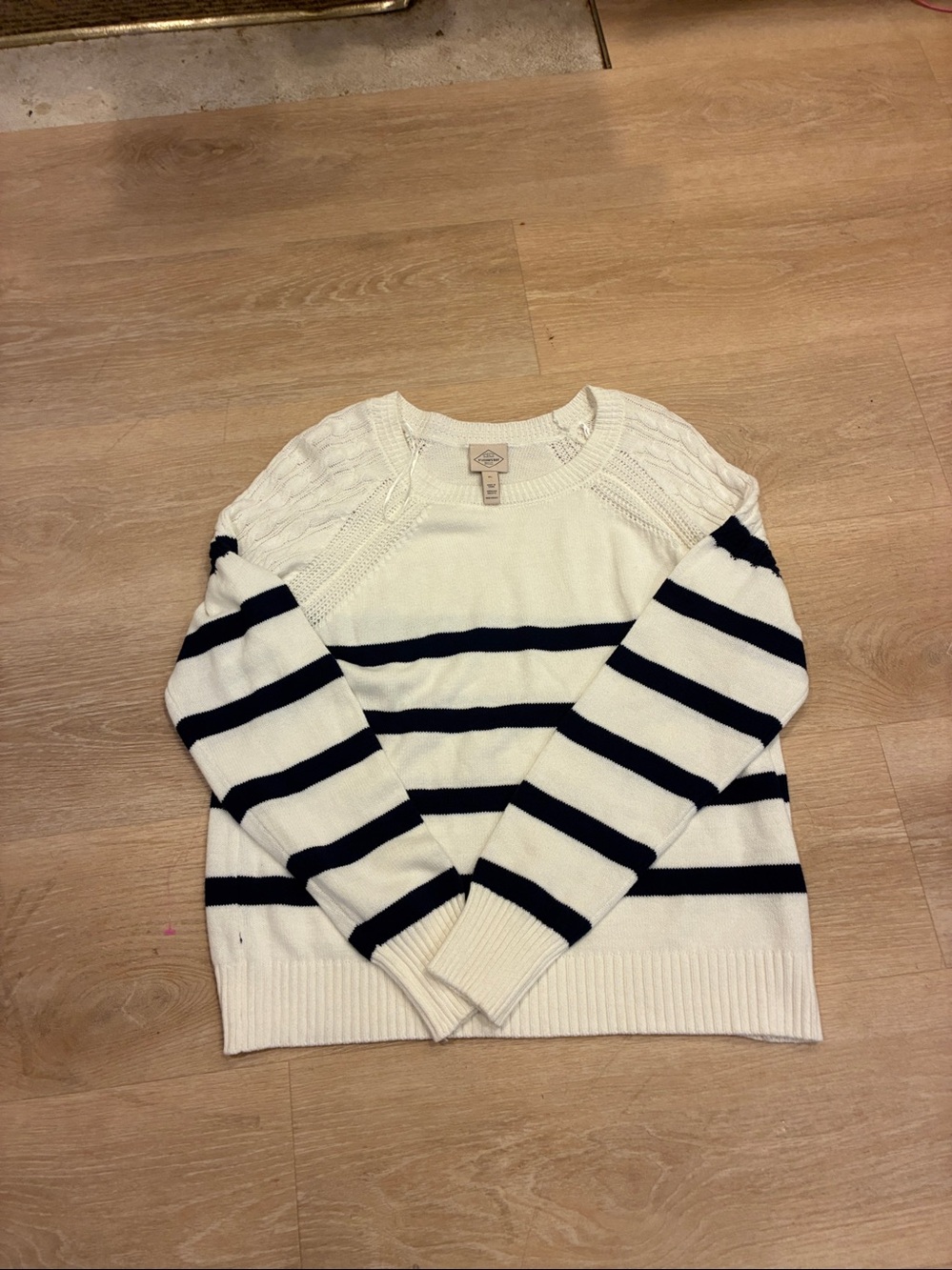 St. John's Bay Cream Cable Knit Crewneck Sweater with Navy Trim